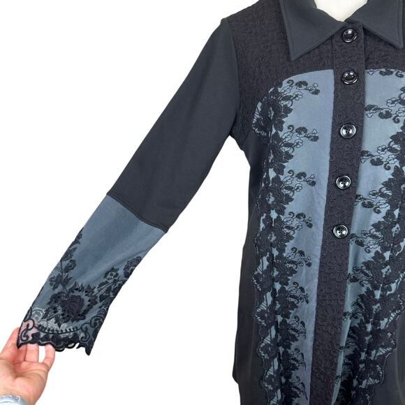Gretty Zueger Black Ponte Knit Button Front Embroidered Lace Coatigan Jacket - Picture 7 of 11